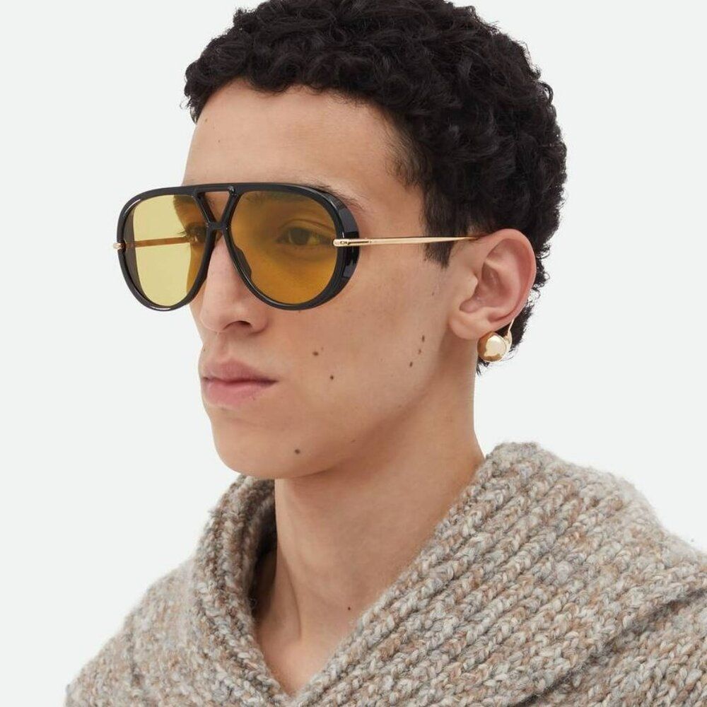 NEW Bottega Veneta BV1273S 003 Black Gold Yellow Pilot Unisex Sunglasses